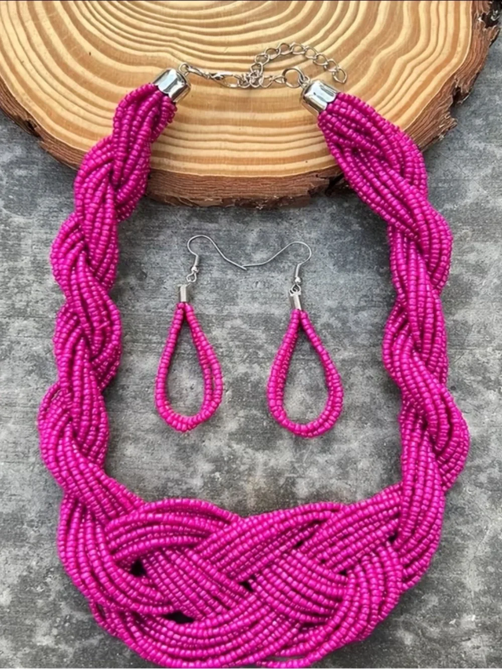 Hot Pink Beaded Statement Necklace & Earrings Set matching summer set NEW
